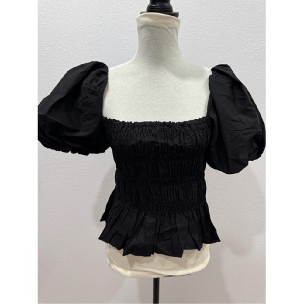 ASTR the Label Black Smocked Puff Sleeve Peplum Top Squareโ Neck Womens XS
